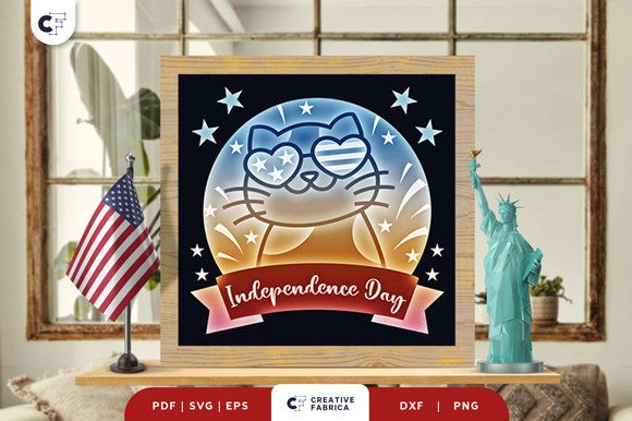 Cute American Cat 3D Shadow Box SVG for Independence Day