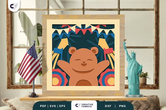 Patriotic Bear 3D Shadow Box Paper Cut: Independence Day 3D SVG